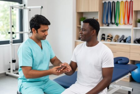 Therapist consulting with a patient about rehabilitation equipment